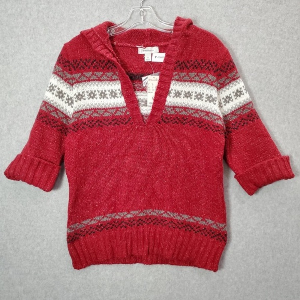 Dressbarn Women Sweater M Red Fair Isle Wool Blend Hooded Knit 3/4 Sleeve NWT